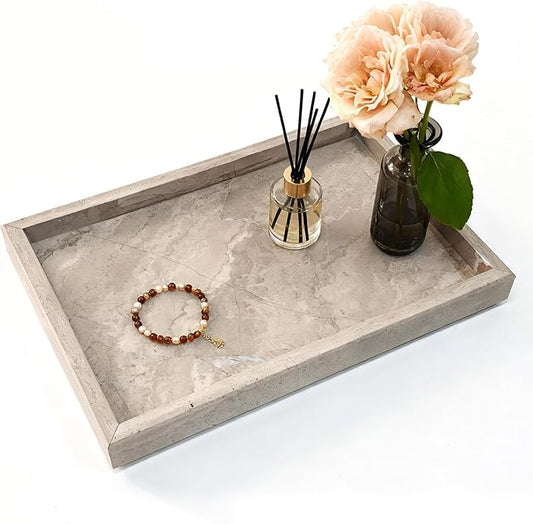 Pure Natural Marble Tray for Bathroom, Dresser, Sink. Cosmetics, toiletries, perfumes, Jewelry, Candles, etc. can be Placed (Floral Wood Grain, 12" x 8" x 1.2")