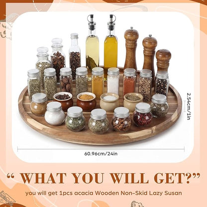 24'' Wood Lazy Susan for Countertop Acacia Large Turntable Rotating Serving Tray for Table Top Non Skid Kitchen Tray Revolving Condiment Spice Rack Table Organization Storage, Natural