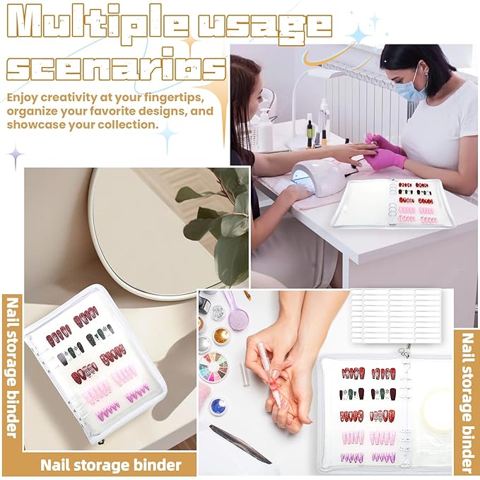Press On Nail Storage Organizer with 4 Insert Pages - A5 Size Portable False Nail Storage Box for Collecting and Organizing Tips with Tape and Zipper Pocket (White)
