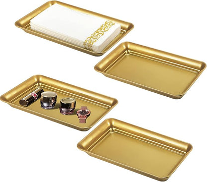 SheeChung Vintage Farmhouse Decor Metal Vanity Tray(4 Pack),Countertop Guest Hand Towel Storage Organizer Tray Dispenser, Sturdy Holder for Perfume,Cosmetics, Jewelry, Makeup Bathroom Organizer (Glod)