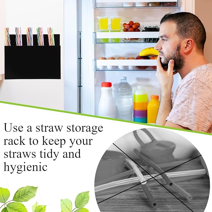 Honeydak Magnetic Acrylic Straw Holder for Cabinet Door with Adhesive Tapes and 5 Removable Partitions, Reusable Straw Organizer Storage Space-saving for Cabinet Door Fridge Kitchen(Black,9.8 Inch)