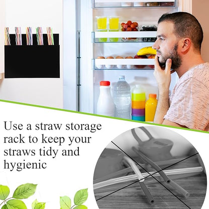 Honeydak Magnetic Acrylic Straw Holder for Cabinet Door with Adhesive Tapes and 5 Removable Partitions, Reusable Straw Organizer Storage Space-saving for Cabinet Door Fridge Kitchen(Black,9.8 Inch)