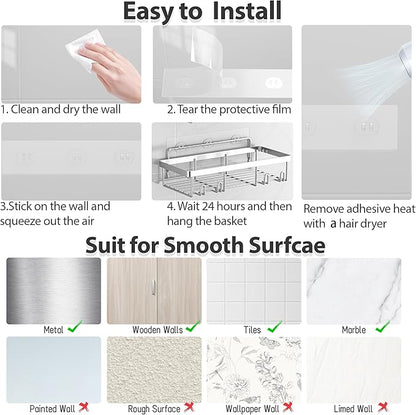 Liuoud 5 Pack Shower Caddy Organizer Rack Shelf for Inside Shower, Self Adhesive Bathroom Wall Storage Basket Rustproof Stainless Steel Large Capacity Shampoo Holder, Silver