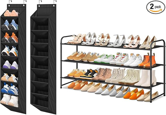 SLEEPING LAMB 2 Pack Narrow Over The Door Shoe Organizer with 8 Large Deep Pockets (Black) and Long 3-Tier Shoe Organizer for Closet, Stackable Wide Shoe Rack (Black)