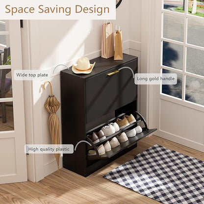 LYNSOM Shoe Cabinet, Free Standing Tipping Bucket Shoe Rack Organizer with 2 Flip Drawers, Modern Entryway Shoe Storage with Top Display, Narrow Slim Hidden Shoe Cabinet (Black)