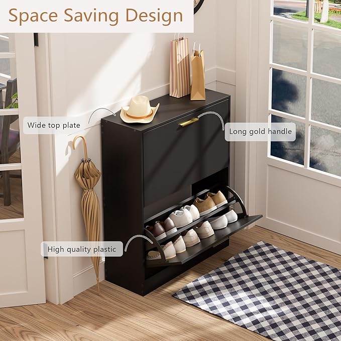 LYNSOM Shoe Cabinet Set of 2, Free Standing Tipping Bucket Shoe Rack Organizer with 2 Flip Drawers, Modern Entryway Shoe Storage with Top Display, Narrow Slim Hidden Shoe Cabinet (Black)