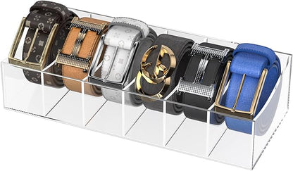 Belt Organizer, Acrylic Belt Storage Holder for The Closet and Drawer, 6 Compartments Belt Container Clear Display Case for Tie and Bow Tie
