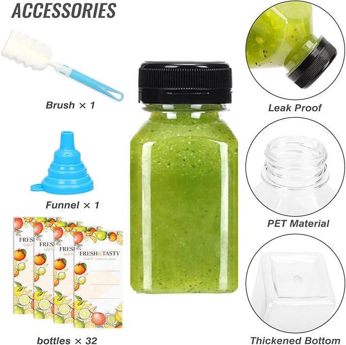 TOMNK 32pcs Juice Bottles with Caps, 4oz Plastic Containers with Lids Empty Reusable Clear Ginger Shots Bottles with Label, Funnel, and Brush Beverage for Juicing, Smoothies, Drinking, Fridge
