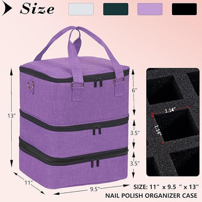 FCQQYWZ Large Nail Polish Organizer Case Hold 84+ Bottles Nail Polish & Nail Lamp, 3 Layers Nail Organizers and Storage for Nail Tech with Divider, Travel Carrying Case(Purple)