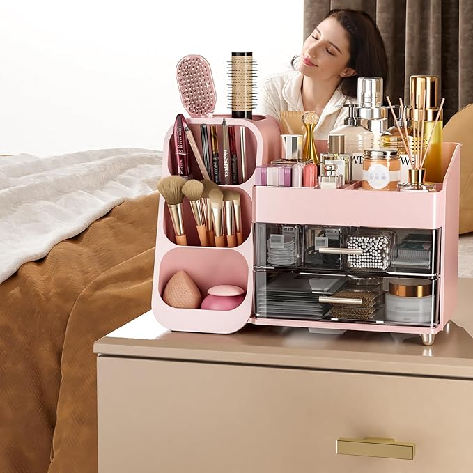 Makeup Organizer with Drawers for Vanity Bathroom Counter Organizers and Storage, Large Skincare Organizer with Brush Toothbrush Holder for Perfume, Nail Polish, Dresser, Office Supplies, Pink