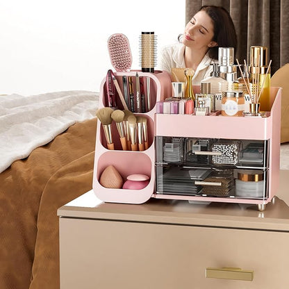 Makeup Organizer with Drawers for Vanity Bathroom Counter Organizers and Storage, Large Skincare Organizer with Brush Toothbrush Holder for Perfume, Nail Polish, Dresser, Office Supplies, Pink