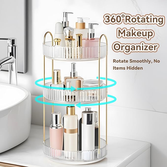 360° Rotating Makeup Organizer for Vanity, 3 Tier Perfume Organizers Skincare Organizers and Storage for Bathroom Countertop, Spinning Cosmetic Organizer for Bedroom Dresser Counter (Clear)