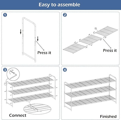 KEETDY 3-Tier Long Shoe Rack for Closet Metal Shoe Organizer for Entryway, Wide Stackable Shoe Storage Shelf with Sturdy Wire Grid for Closet Floor, Bedroom, Grey