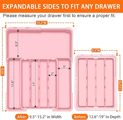 Spaclear Silverware Organizer - Expandable Silverware Drawer Organizer, Adjustable Drawer Organizer, Silverware Tray for Drawer 15.2"x 19" Utensil Drawer Organizer, Kitchen Organizers Storage, Pink