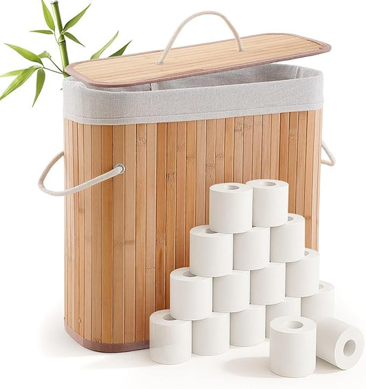 Leinuosen Bamboo Toilet Paper Storage Basket 8 Gallons/30 L Toilet Paper Organizer Holder with Lid Waterproof for Kitchen Bathroom Home(Beige,Regular)