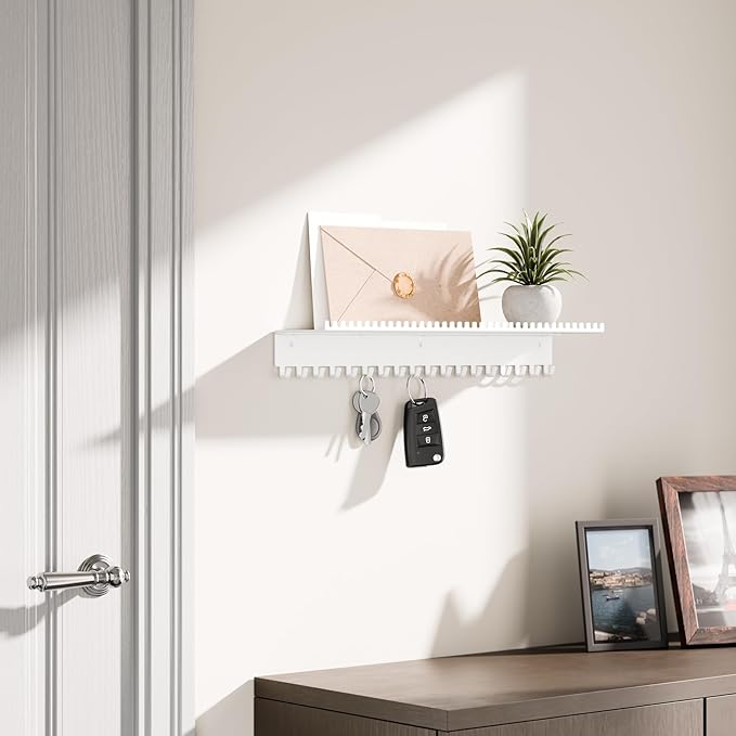 niffgaff Wall-Mounted Jewelry Organizer with Hooks and Shelf - Necklace Hanger Holder for Hanging Storage, Multi-Functional Wall Decor | White