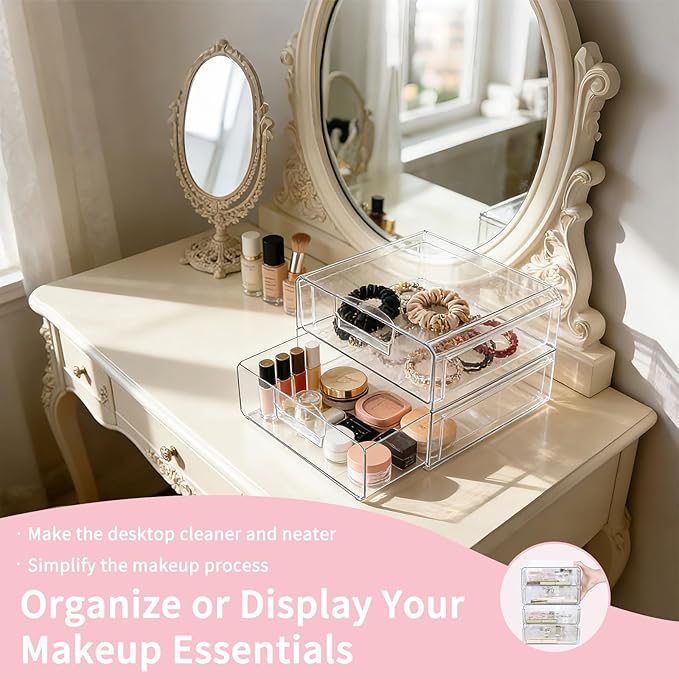 Clear Stackable Storage Drawers,Acrylic Makeup Drawer Organizer with 2 Drawers,Stackable Storage Bins for Skincare,Cosmetics,Beauty Supplies,for Vanity,Bathroom,Kitchen Countertop,Pantry Organization