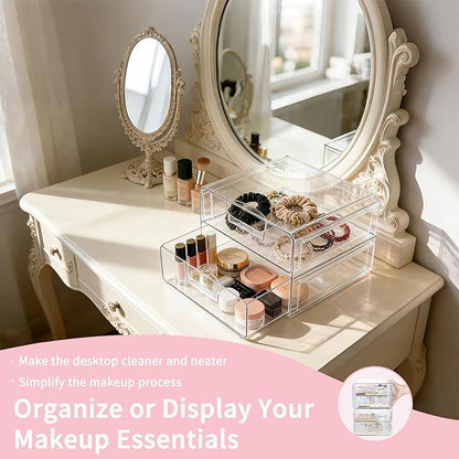 Clear Stackable Storage Drawers,Acrylic Makeup Drawer Organizer with 2 Drawers,Stackable Storage Bins for Skincare,Cosmetics,Beauty Supplies,for Vanity,Bathroom,Kitchen Countertop,Pantry Organization