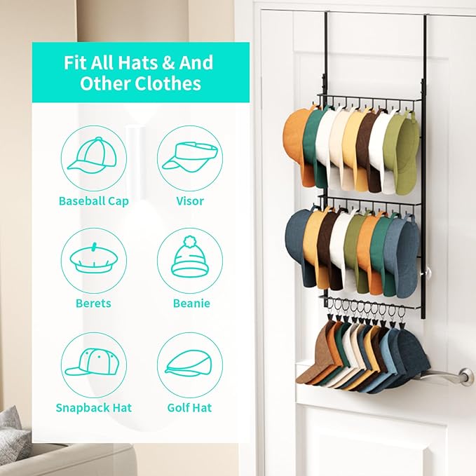 HapiRm Over Door Hat Rack - 3 Tier Wall Mounted Hat Organizer with 16 Hooks and 10 Movable Clips, Baseball Cap Organizer Storage Holds up to 26 Caps for Door, Bedroom, Closet USPTO Patented