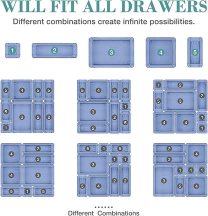 StorMiracle 25 PCS Drawer Organizer Set, 5 Varied Size Bathroom and kitchen Drawer cabinet organizer Trays, Clear Storage Bins for Makeup, Jewelry, Utensils and Gadgets, Dark Blue