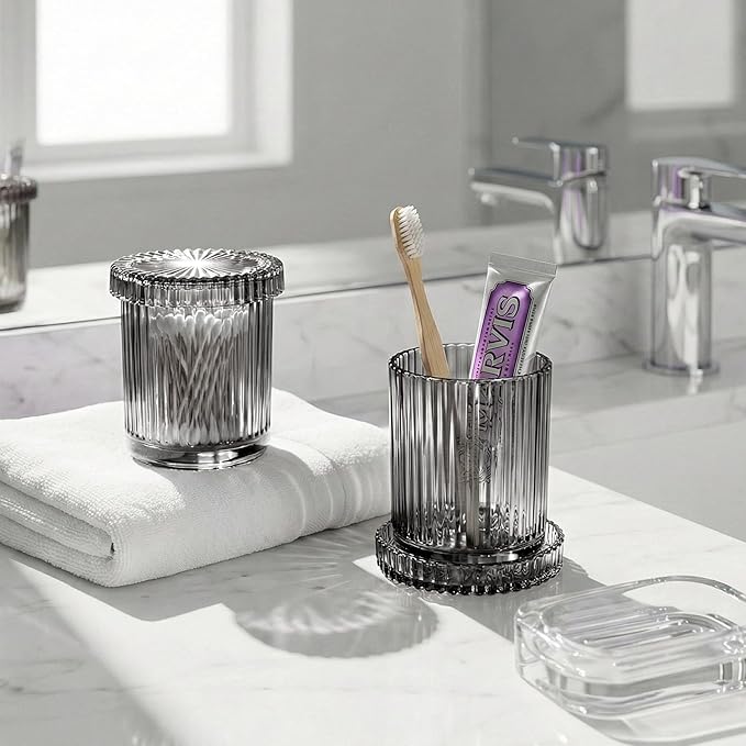 2 Pack Qtip Holder - Apothecary Jars with Lids, Bathroom Organizers and Storage Canister for Cotton Balls,Swabs,Floss Picks,Hair Ties,Clear Glass Vintage Bathroom Decor Jar Set (Gray)