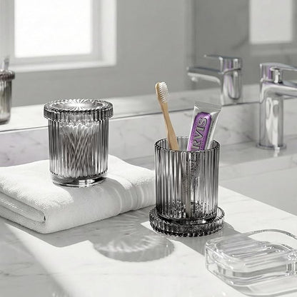 2 Pack Qtip Holder - Apothecary Jars with Lids, Bathroom Organizers and Storage Canister for Cotton Balls,Swabs,Floss Picks,Hair Ties,Clear Glass Vintage Bathroom Decor Jar Set (Gray)