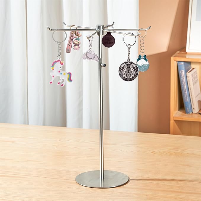 Rotating Keychain Display Stand - Height-adjustable Brushed Silver Metal Jewelry Organizer - Long Necklace Display Stand with 6 Hook - Scratch-resistant Display Racks for Craft Shows