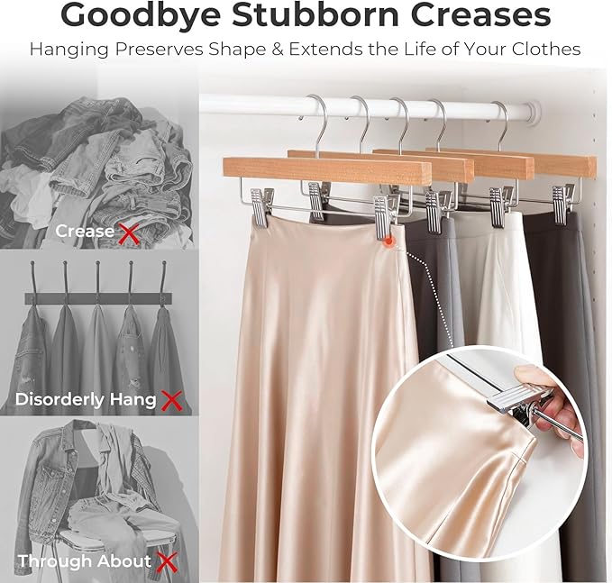 HOUSE DAY Premium Wooden Pants Hangers 100 Pack, Solid Lotus Wood Skirt Hangers with 2-Adjustable Clips, Heavy Duty & Anti Slip Wood Bottom Hanger for Slacks, Jeans, Trousers, Shorts (Natural)