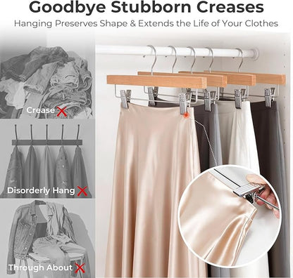 HOUSE DAY Premium Wooden Pants Hangers 100 Pack, Solid Lotus Wood Skirt Hangers with 2-Adjustable Clips, Heavy Duty & Anti Slip Wood Bottom Hanger for Slacks, Jeans, Trousers, Shorts (Natural)