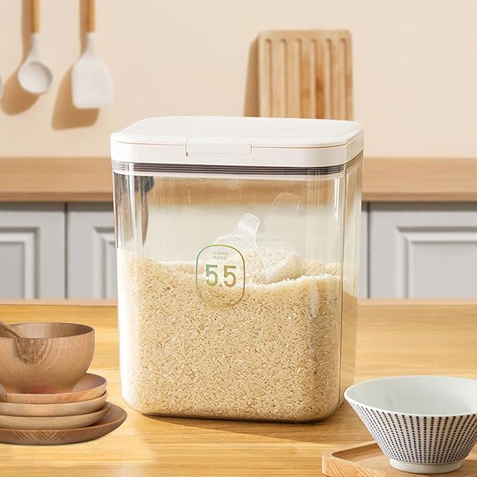 Airtight Rice Storage Bin Flour Storage Container 10 Lbs/5.81Qt, Clear Food Container with Measuring Cup Airtight Lid for Kitchen Pantry Organization and Storage