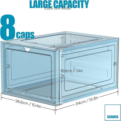 SCAVATA Hat Organizer Box, Stackable Clear Baseball Caps Holder Box Containers with Magnetic Door for Hats Snapback Cap Storag, Hat Rack Display Case, Holds 8 Hats Each (Blue, 2 Pack)