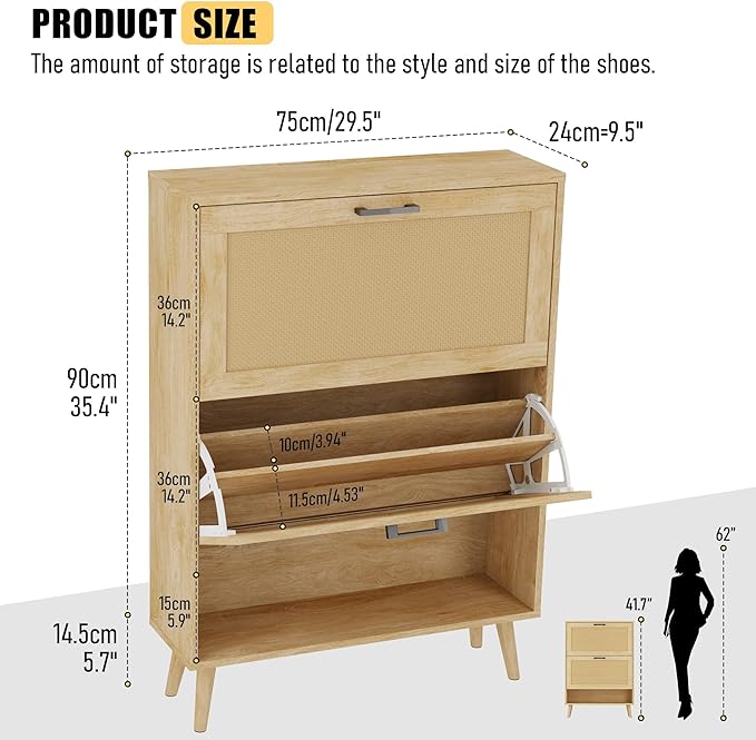 Gadroad Shoe Storage Cabinet with 2 Flip Drawers, Freestanding Shoe Organizer with Wood Legs, Farmhouse Rattan Shoe Rack for Entryway, Living Room, and Bedroom, Natural