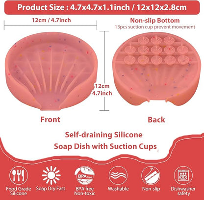 Silicone Bathroom Soap Dishes, Self Draining Waterfall Bar Soap Holder & Saver, Dish Soap Tray, Sponge Holder, 13 Non-Slip Suction Cups Dishwasher Safe for Bathroom Kitchen Shower Sink Organizer Red