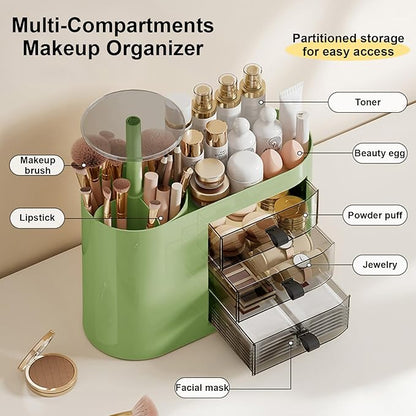 DASITON Makeup Organizer with 3 Drawers,Automatic Lifting Makeup Brush Holder with Lid,Large Capacity Makeup Organizers for Vanity,Bathroom Countertop,Ideal Storage Skin Care,Brushes,Lipstick (Green)