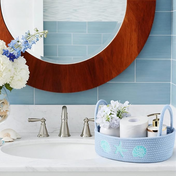 Vesici Ocean Woven Toilet Paper Basket Boho Coastal Cotton Rope Bathroom Countertop Organizer with Starfish Seashell Blue Bathroom Storage Decor for Toilet Closet Nursery Organizing, 13 x 6 x 4 Inch