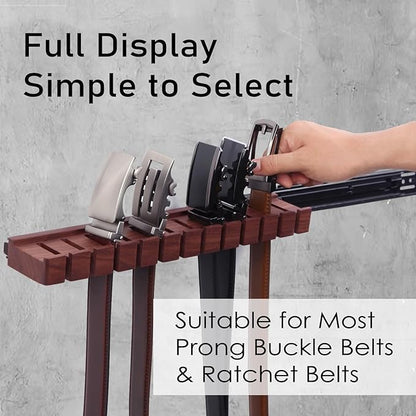 12 Belts Walnut Wood Belt Holder with Slide, Left or Right Slide Flexible Install Belt-Rack, Belt Hanger for Closet, Space Saving Belts Storage Organizer, Gift for Men