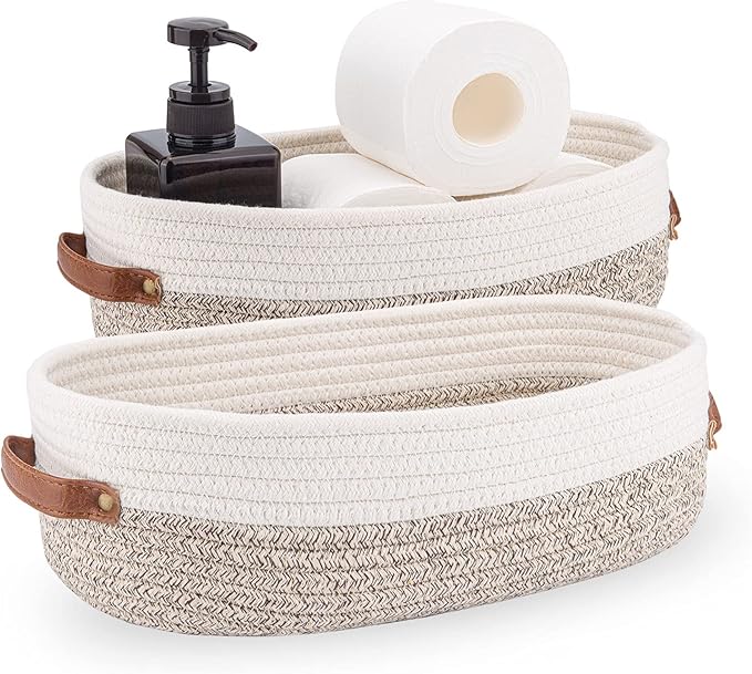 2 Pack Woven Storage Basket for Toilet Tank Top,Farmhouse Home Decor Organizing Basket for Bathroom,Table and Counter 13"x5.9"x4" Apricot Stitching White