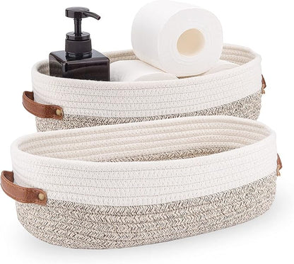 2 Pack Woven Storage Basket for Toilet Tank Top,Farmhouse Home Decor Organizing Basket for Bathroom,Table and Counter 13"x5.9"x4" Apricot Stitching White