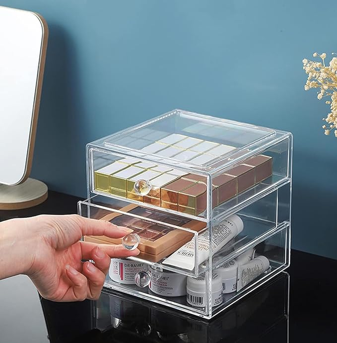 AJIODA Makeup Drawer Organizer Box with 3 Drawers, Acrylic Cosmetic Display Case Vanity Organizer Jewelry Storage Box Stackable Storage for Cosmetics, Skin Care, Bathroom, Countertop, Clear