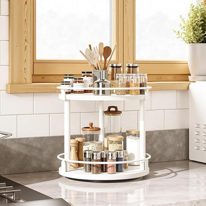 YATINEY Lazy Susan Organizer, Rotating Spice Rack, 2 Tier Spice Turntable Organizer, Industrial Turntable Spice Holder, for Kitchen Countertop, Compact and Versatile, White SR22WW