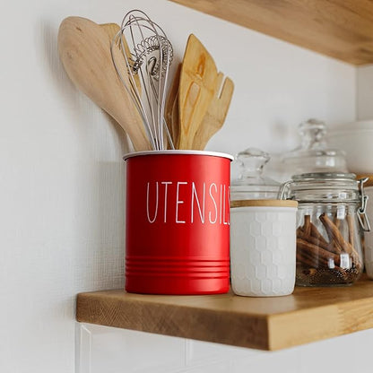 Bivvclaz Kitchen Utensil Holder - 6.7" Utensil Holder for Kitchen Counter - Cooking Utensil Crock with Cork Bottom - Red Decor and Accessories - Countertop Utensil Storage Caddy Organizer
