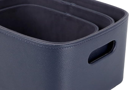 HofferRuffer Faux Leather Storage Baskets Bins with Velvet Lining for Organizing, Storage, Gifts, Set of 3 Nesting Shelf Baskets Decorative Storage Boxes for Home Organization (Blue)