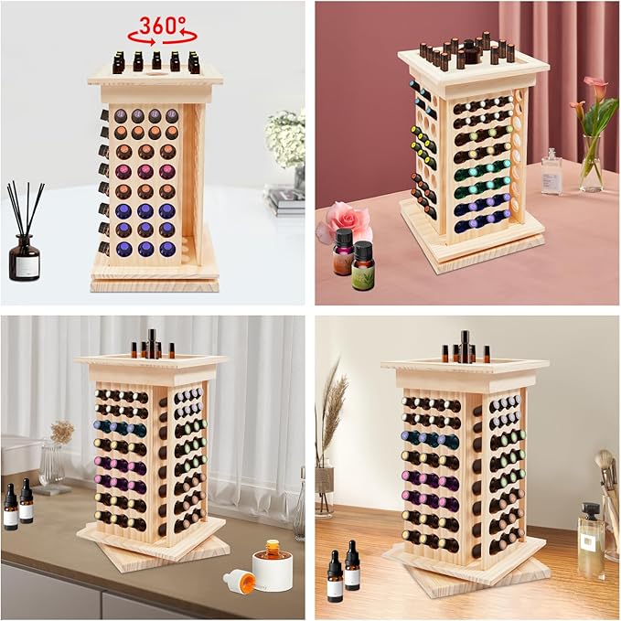 125-Slot Wooden Essential Oil Display Rack, Rotating 360° Organizer for 0.5oz/0.17oz Bottles, Lipsticks, Nail Polish, Vertical Space-Saving Countertop Holder for Home, Spa, Salon, 9.25*16.14in