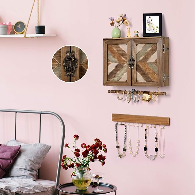 ikkle Wooden Jewelry Organizer Wall Mounted, Hanging Jewelry Holder with Removable Bracelet Rod and Hooks for Necklaces Earrings Bracelets Rings, Brown