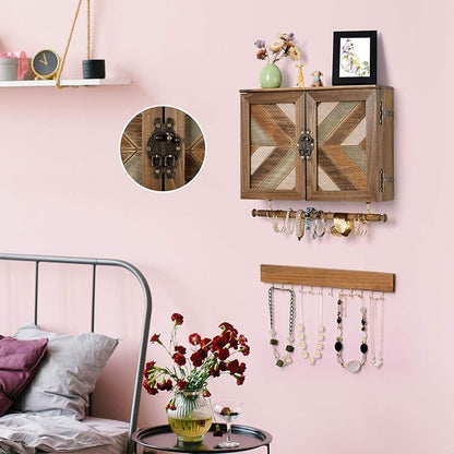 ikkle Wooden Jewelry Organizer Wall Mounted, Hanging Jewelry Holder with Removable Bracelet Rod and Hooks for Necklaces Earrings Bracelets Rings, Brown