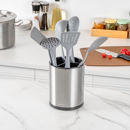Restaurantware Stainless Steel Utensil Holder 1 Count 6.2 x 6.2 x 7.9 Inches Durable Cutlery Storage Flatware Organizer Rust-Resistant Sink Caddy Silver Kitchenware Holder