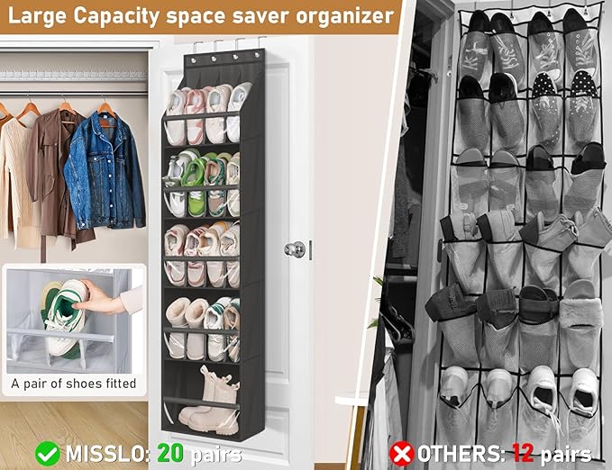 MISSLO 24 Large Pockets + 17 Deep Pockets Over the Door Shoe Organizer Hanging Rack for Door Closet Shoe Holder