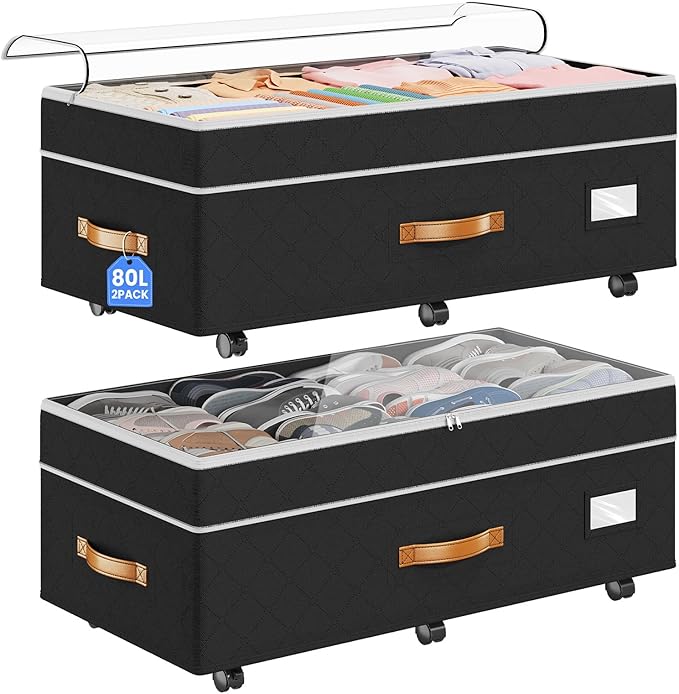 Budding Joy Under Bed Storage with Wheels 2Pack, 80L Height Adjustable Underbed Containers with Clear Lids, Rolling Under Bed Shoe Storage Organizer for Dorm Home Clothes, Blankets, Toys, Black