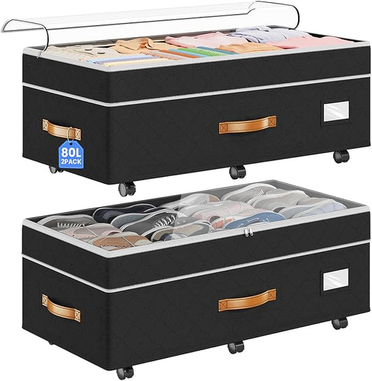 Budding Joy Under Bed Storage with Wheels 2Pack, 80L Height Adjustable Underbed Containers with Clear Lids, Rolling Under Bed Shoe Storage Organizer for Dorm Home Clothes, Blankets, Toys, Black