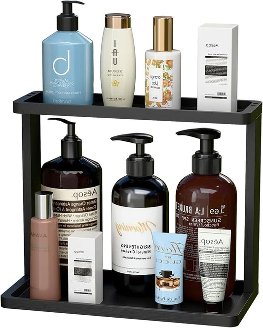 PEKER Bamboo Bathroom Organizer Countertop – Small Vanity Storage Shelf for Makeup, Perfume, Skincare – Natural Cosmetics Display Rack for Dresser, Sink, Kitchen –Black